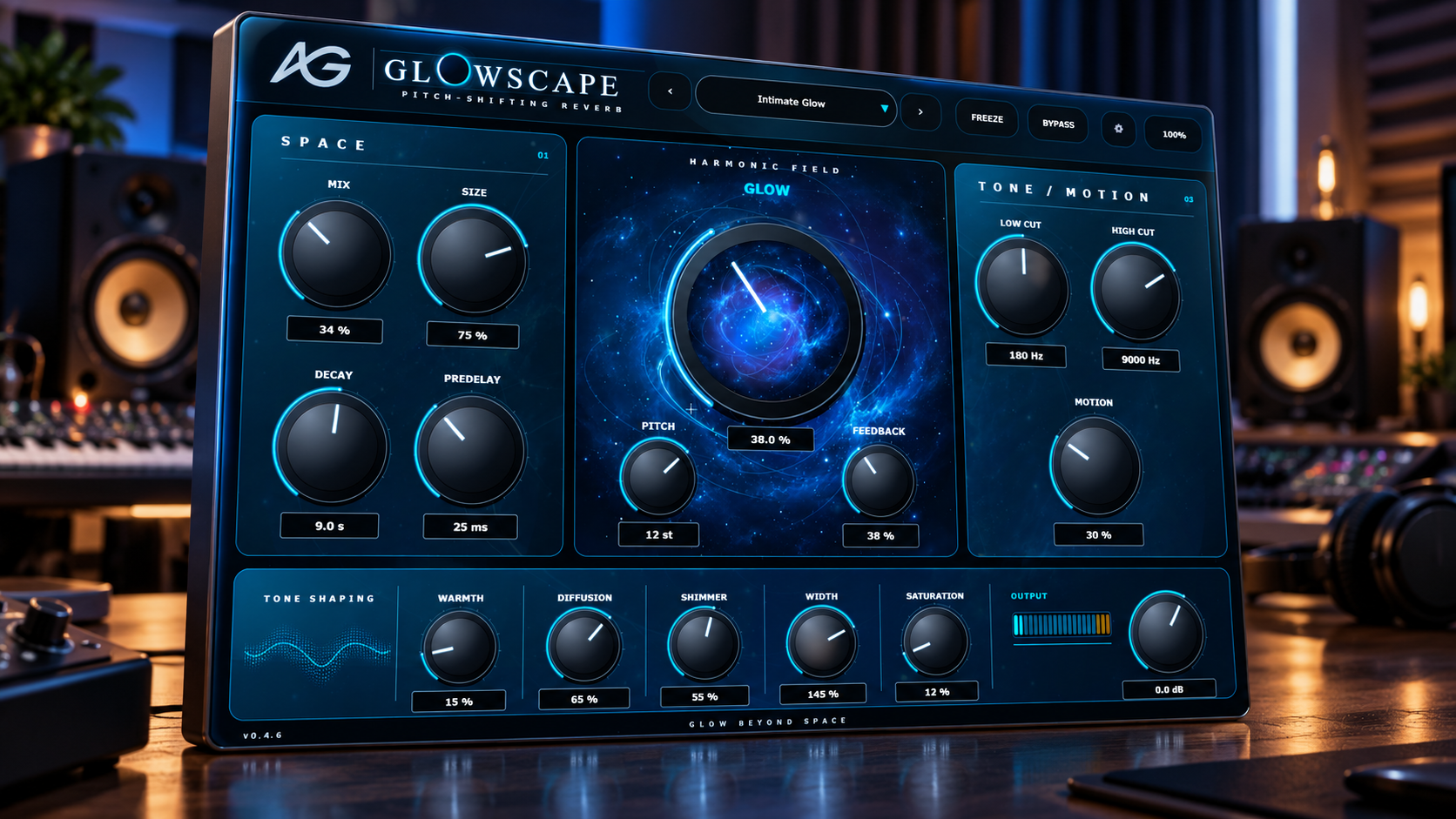 GLOWSCAPE abierto en una pantalla de estudio con un escritorio musical